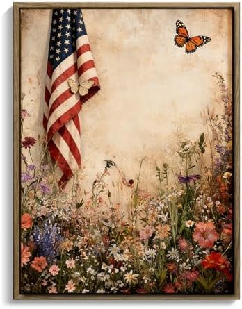 American Flag Framed Canvas Wall Art, 4th of July Patriotic Canvas Prints | Wildflower Field with Butterfly Poster Print, Rustic Farmhouse Independence Day Wall Decor for Bedroom Living Room 8×10in