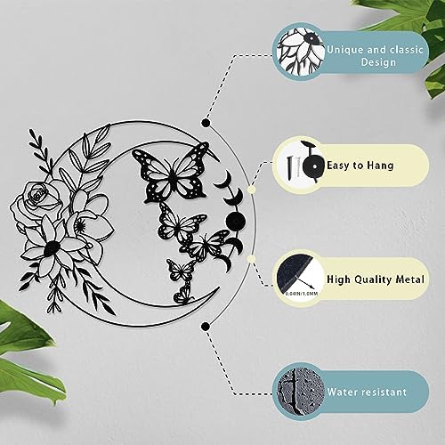 ruelen Moon Butterfly Metal Wall Decor Boho Wall Art Floral Wall Hanging | Home for Indoor Living Room Bedroom Bathroom Outdoor Garden Yard Fence Farmhouse Decoration (Moon Butterflies)