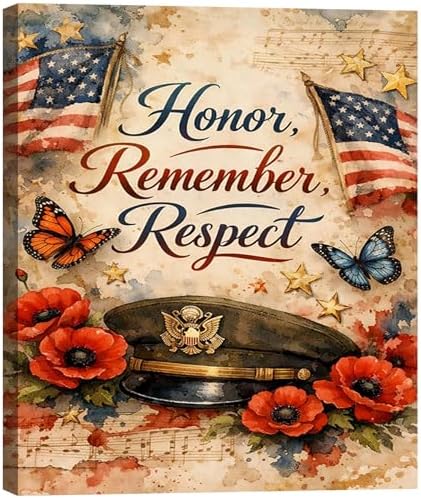 Patriotic Honor Remember Respect Canvas Wall Art, Memorial Day Military Tribute, 4th of July Decor, Framed Prints for Home,Office,Living Room, Made in USA, Ready to Hang