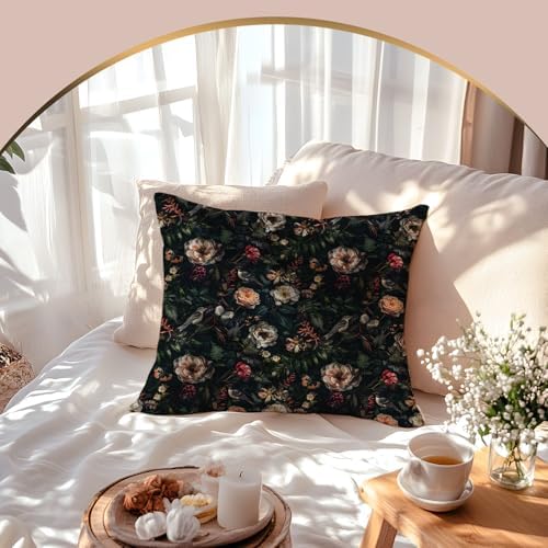 Dark Moody Rose Floral Pillow Cover 18x18 Double-Sided, Dark Cottagecore Decor, Vintage Romantic Flower Bird Fern Botanical Decorative Throw Pillow Cover for Home Bedroom Living Room
