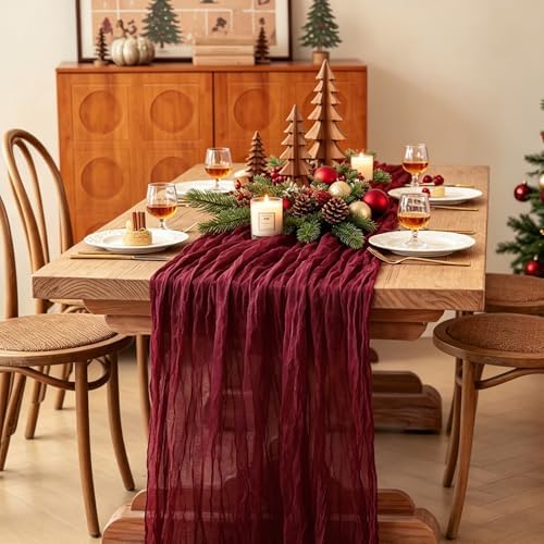 3Pcs Burgundy Table Runner, 10FT Boho Rustic Burgundy Maroon Table Runner 120inch Cheese Cloth Red Runner for Wedding Christmas Birthday Holiday Party Decorations