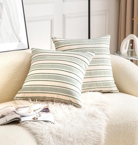 Cethom Decorative Boho Throw Pillow Covers, Farmhouse Textured Pillow Case, 18 x 18 Inch Set of 2, Chair Sofa Bedroom Living Room Home Decor Couch Cushion Case, Green and Beige Striped