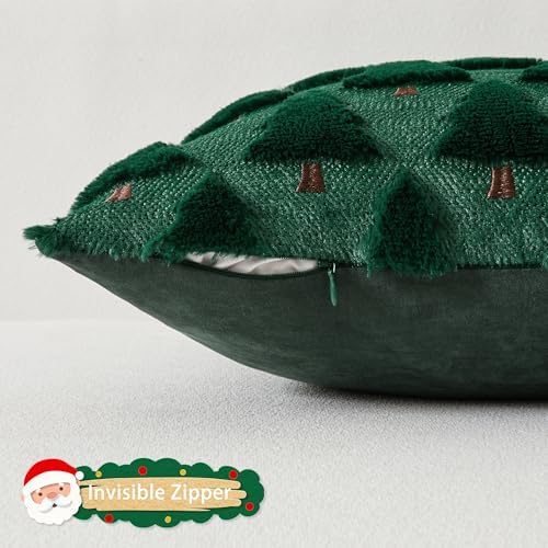 UGASA Christmas Decorative Pillow Covers 18x18 Inch Soft Plush Faux Fur Jacquard Throw Pillows Pillowcases for Couch Sofa Holiday Festivals Winter Home Decor Set of 2 Dark Green