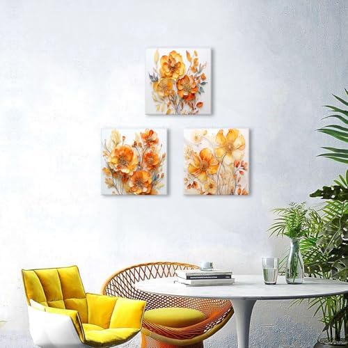 AIYISU Orange Flowers Wall Art for Living Room Decor Abstract Wildflower Canvas Paintings Fall Nature Floral Prints Pictures Modern Autumn Artwork for Bathroom Bedroom Home Decorations 20x20 3Pcs