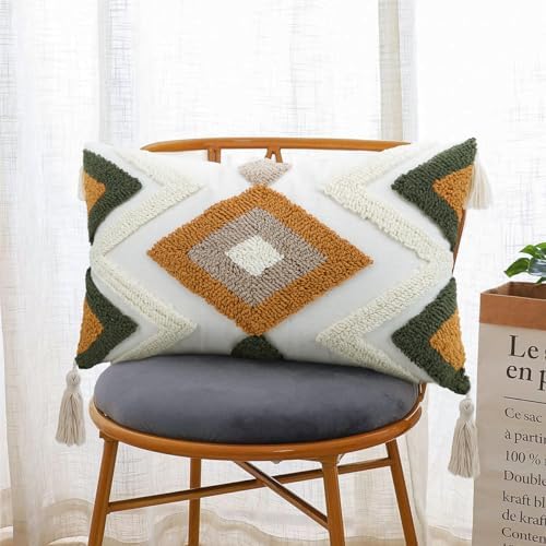 Woven Tufted Boho Throw Pillow Covers 12x20, Farmhouse Pillows Cover Cases Cushion with Tassels, Neutral Decorative Square Pillowcases for Couch Bed Sofa Living Room Bedroom Aesthetic Brown