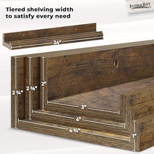 Icona Bay 24 Inch Floating Shelves for Wall - Set of 3 in Walnut Brown - Modern Rustic Style - Wall Mounted Display Shelves - Picture Ledges