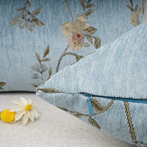 YOUR SMILE Classical Embroidery Jacquard Farmhouse Oblong Rectangle Chenille Teal Floral Pattern Decorative Throw Pillow Case,12x20 inch