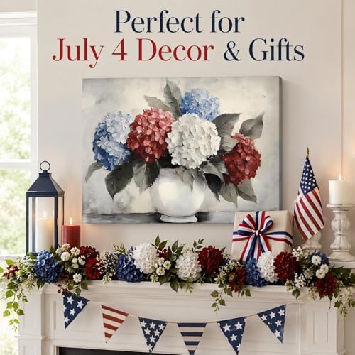 RIBNTAK Patriotic Hydrangea Wall Art USA Red White Blue Flower Vase Print Pictures Wall Decor Canvas Painting Artwork Decorations for Bedroom Bathroom Kitchen Living Room,Made in USA