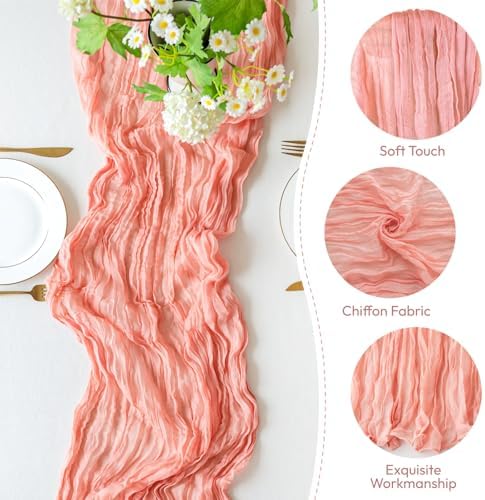 Sioloc 5 Pack Peach Coral Cheesecloth Table Runner 120'' x 35'',Spring Easter Decor Soft Gauze Boho Wedding Table Decor for 10ft Table Birthday Party,Baby Shower, Bridal Shower, Home & Event Decor