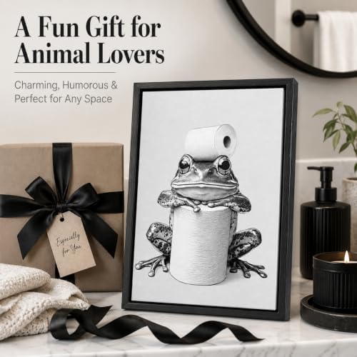 Framed Funny Bathroom Wall Art, Frog Toilet Paper Canvas Print, Minimalist Black and White Humor Bathroom Animal Decor for Restroom Toilet 8x10in