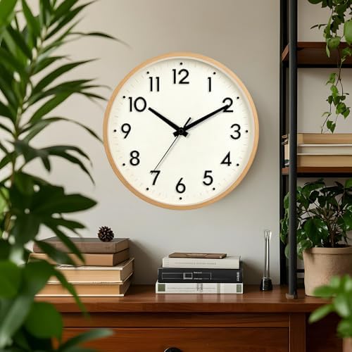 Mosewa Small 8 Inch Wall Clock Battery Operated Silent Non Ticking Analog | Beige modern clock; oversized 3D easy-read dial for kitchen, bedroom & office; 1 AA battery (not included)