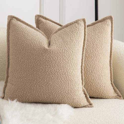 MANDIOO Pack of 2 Decorative Throw Pillow Covers Accent Solid Woven Textured Cushion Covers Pillow Cases Bedroom Living Room Sofa Home 18 x 18 Inch Camel