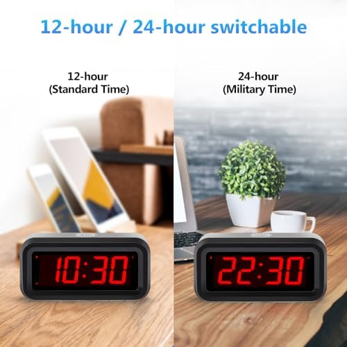 Digital Alarm Clock Battery Operated with LED Display for Bedrooms, Long Battery Life for 12 Months, 3 Brightness Adjustable, 12/24 Hour, Snooze, Black Case with Red Digits