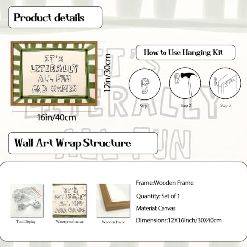 Framed It's Literally All Fun And Games Wall Art, Funny Quote Wall Decor Paintings, Sage Green Minimalist Striped Pictures Canvas Prints Preppy Home Decor for Living Room Bedroom Playroom 12x16 inch