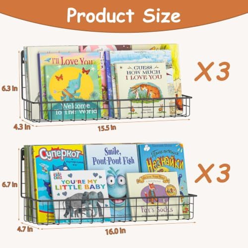 X-cosrack Floating Book Shelves for Wall Kids Bookshelf,Metal Hanging Wall Mounted Shelf for Nursery Toddler, Kids Room, Classroom,Set of 6,Black,2 Sizes