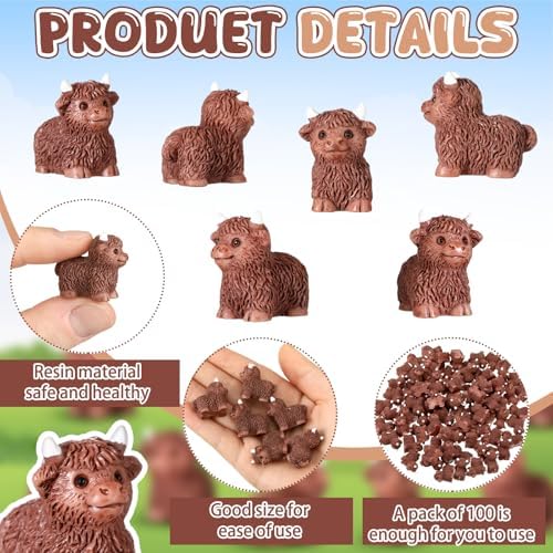 Wesiti 100 Pcs Mini Resin Highland Cow Tiny Cow Figurines Bulk Mini Small Animal Decor to Hide for Cake Decorations Cute Miniature Sculpture Micro Landscape Office Garden Desk Party Tabletop Decor