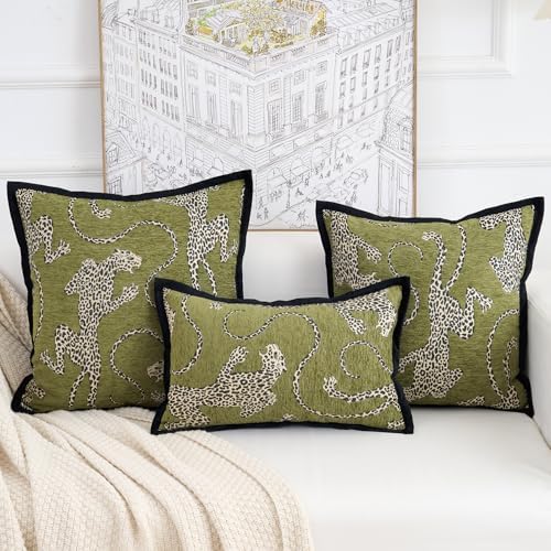 Premium Series, Snow Leopard Throw Pillow Covers, Animal Jacquard Cushion Cases for Home Decor, Chenille Velvet Double-Sided Designs, Dark Green, 18 x 18 inch, Covers Only