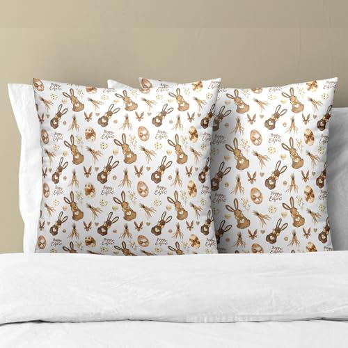 Easter Bunny Pillow Covers 2 Pack 16x16 inch Rabbit and Eggs Cotton Throw Pillow Cases Spring Happy Holiday Decorative Cushion Covers for Sofa Couch Bed