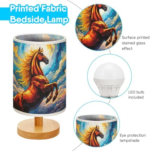 Horse Table Lamp LED 3-Color Pressed Bedside, Horse Shade Lamp with Wood Base for Bedroom Living Room Desk Office TL01