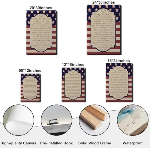 Patriotic O Say Can You See Wall Decor 8x12 In, Star Spangled Banner National Anthem Canvas Art, 4th of July Independence Day Framed Prints for Home & Office, Made in USA