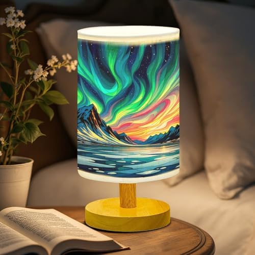 Aurora Night in The Polar Region Table Lamp LED 3-Color Pressed Bedside, Aurora Night in The Polar Region Shade Lamp with Wood Base for Bedroom Living Room Desk Office TL01