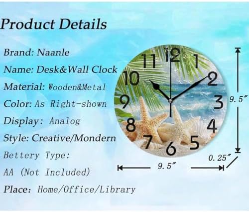 Naanle 3D Beautiful Tropical Summer Beach Starfish Shell on Sand Print Round Wall Clock Decorative, 9.5 Inch Battery Operated Quartz Analog Quiet Desk Clock for Home,Office,School