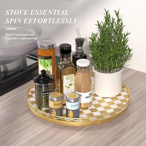 AMH 16-Inch Gold and White Checkerboard Lazy Susan with Rubberwood Base