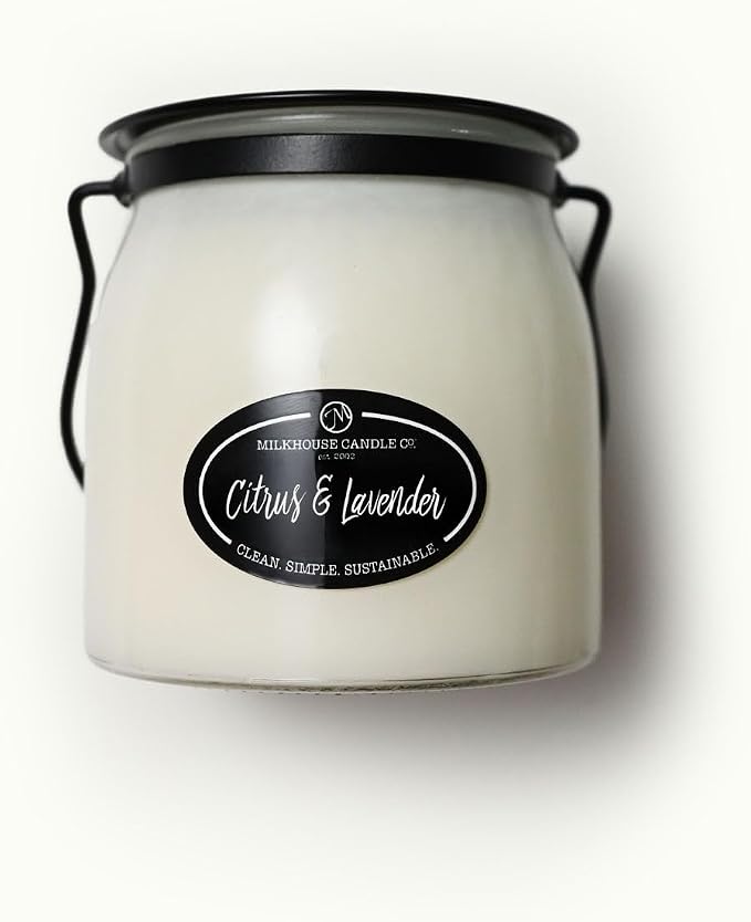 Milkhouse Citrus & Lavender Soy Candle, 16 oz Butter Jar, 65+ Hr Burn