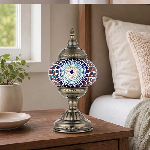 GOGERS Turkish Moroccan Table Lamp Lantern with Handmade Mosaic Glass Lampshade Tiffany Style Bohemian Stained Glass Decorative Desk Lamps Bedside Night Lights for Bedroom (Blue Colorful)