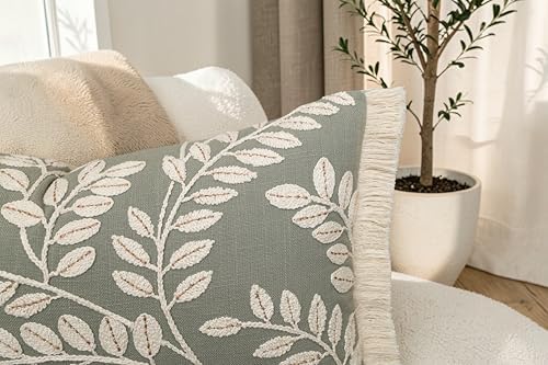Rudransha Botanical Vine Embroidered 12x20 Lumbar Throw Pillow Cover - Sage Green Cream Cotton with Fringe Trim - Cushion Case for Couch Sofa Bed - Philodean Leaves