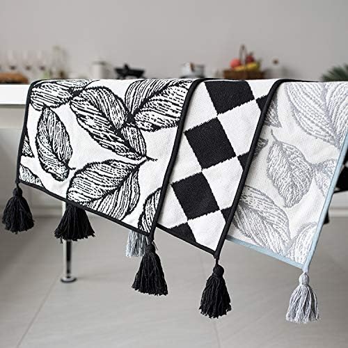 Fennco Styles Black and White Diamond Woven Table Runner - 14 x 71 Inch Checker Runner Table Centerpiece for Dining Home Decor, Indoor Parties, Holiday Events Tassel Table Runner