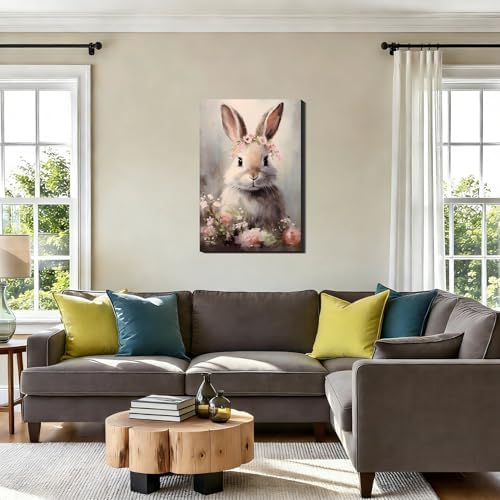 Large Vintage Bunny Wall Art Canvas Prints - Easter Rabbit Floral Framed Painting for Living Room Entryway Wall Decor,Simple Spring Decorations, Bedroom Artwork Picture