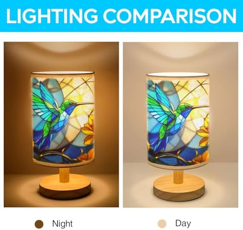 Hummingbird Table Lamp LED 3-Color Pressed Bedside, Hummingbird Shade Lamp with Wood Base for Bedroom Living Room Desk Office TL01