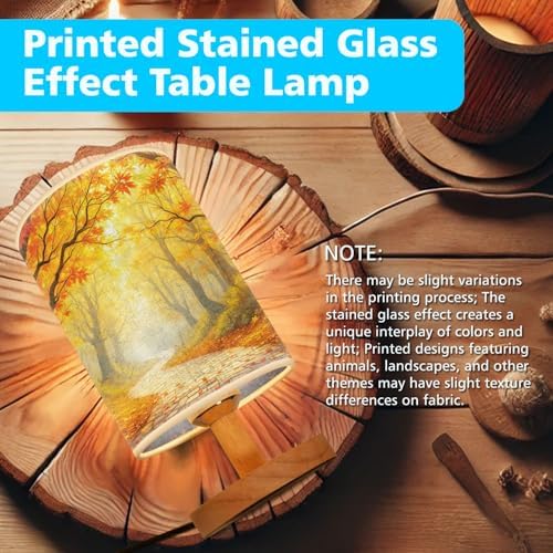 Autumn Forest Table Lamp LED 3-Color Pressed Bedside, Autumn Forest Shade Lamp with Wood Base for Bedroom Living Room Desk Office TL01