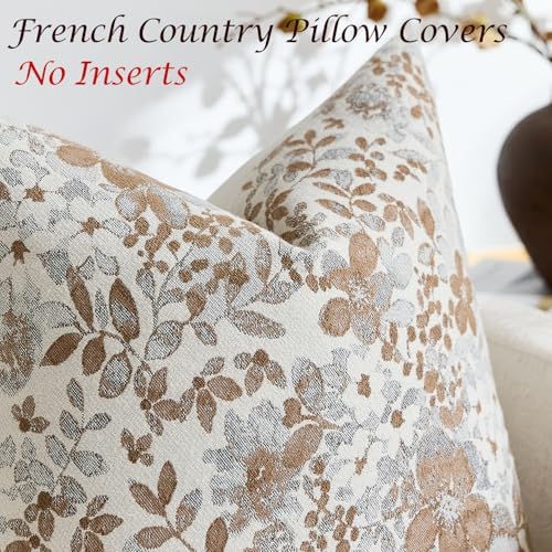 Vintage Floral Euro Sham Covers 24x24 Pack of 2 Country Farmhouse Accents Chenille Jacquad Decorative Square Throw Pillow Cases for Living Room Couch Bed Home Decor, Camel Khaki Tan