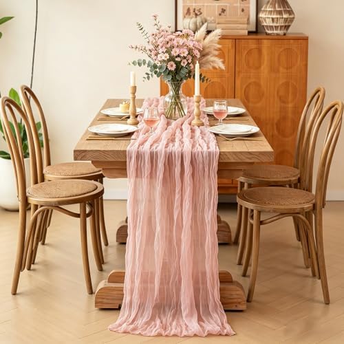 3Pcs Pink Cheesecloth Table Runner, 10FT Dusty Pink Boho Gauze Table Runner for Spring Easter Girl Baby Shower Bridal Shower Wedding Tea Party Pink Birthday Decorations