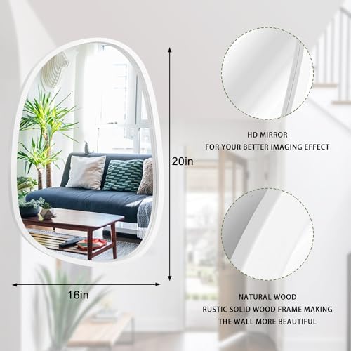 Asymmetrical Mirror Irregular Wall Mirror Oval Wood Frame Wall Mirror for Bathroom Wall Mirrors Decorative for Bedroom Living Room Entryway Hallway Unique Hanging Mirror White