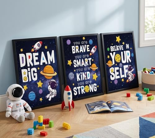 3Pcs Inspirational Space Astronaut Kids Poster Wall Art, Inspirational Quotes Painting Picture Wall Decor, Boys Positive Affirmative Poster Print Artwork for Playroom, Classroom, 16x24in Unframed