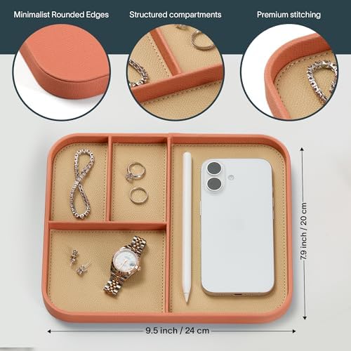 Nordik Leather Valet Tray - Medium EDC Tray - Coral Blush 9.5 x 7.9 in