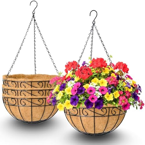 4 Pack 12 Inch Hanging Baskets for Plants Outdoor Metal Hanging Planters Round Hanging Flower Pots with Coco Coir Liner Plant Holder for Outdoor Patio Garden Balcony Decor - Flower Border