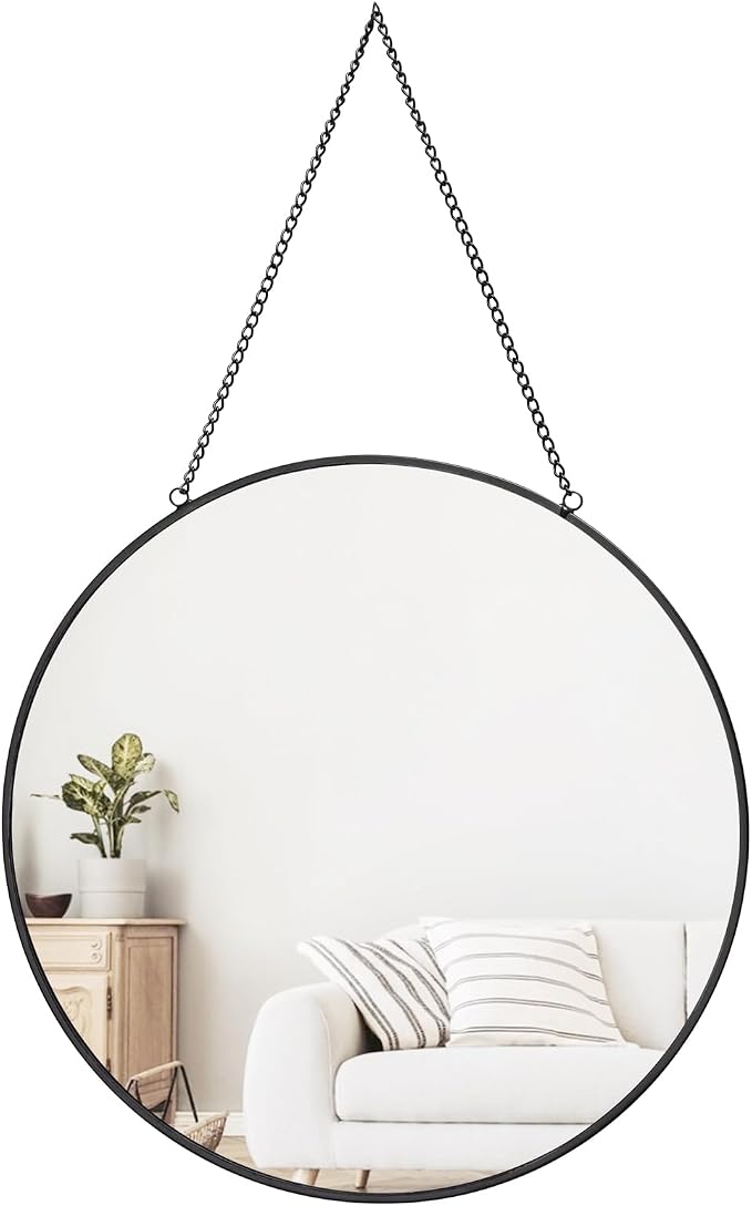 Dahey 11.8" Small Circle Round Office Wall Hanging Mirror with Chain, Black | Anti-Scratch Velvet Back, Easy to Hang, Metal Frame, Nordic Minimalist Boho Wall Decor, for Bathroom Bedroom Living Room Dorm