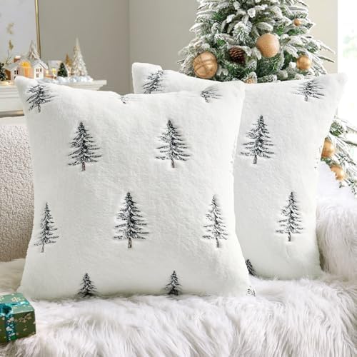 MIULEE Christmas Decorative Faux Fur Pillow Covers 18x18 Inch White Black