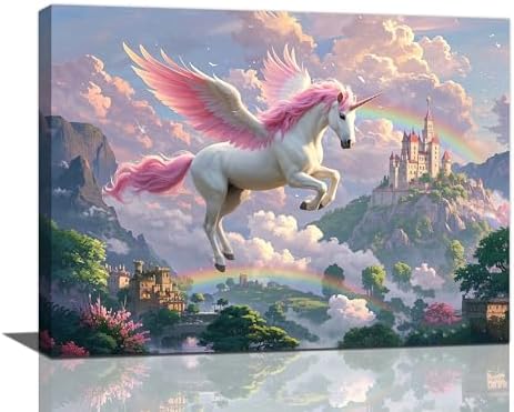 Crekviy Pink Unicorn Wall Art Fantasy Unicorn Bedroom Decor for Girls Magical Canvas Prints Painting Pictures Artwork Decorations for Nursery Room Bathroom Framed Kids Gifts 12"x16"