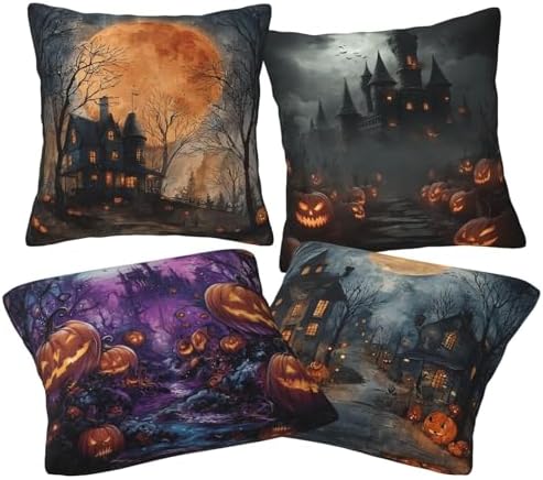 Halloween Horror Castle Throw Pillow Covers Set of 4 Decorative Soft Double Sided Print Pillow Case Farmhouse Home Decor for Living Room Sofa Couch 18x18