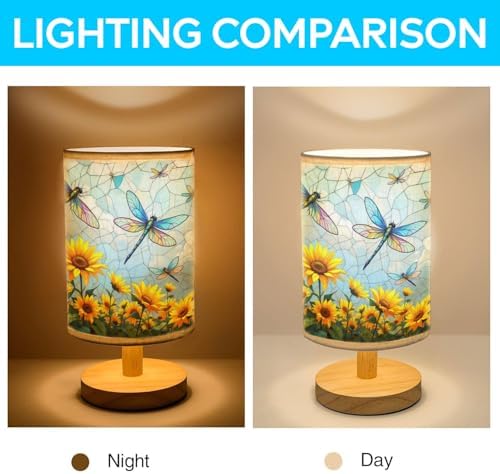 Dragonfly Table Lamp LED 3-Color Pressed Bedside, Dragonfly Shade Lamp with Wood Base for Bedroom Living Room Desk Office TL01