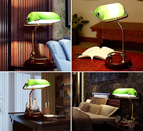 Table lamp Emerald Green Glass Reading Light Wooden Base 1920's Classic Banker lamp Green Pull Switch LED Desk lamp Adjustable 360 Degree lampshade Office/Bedroom/Study E27. (Model-B)