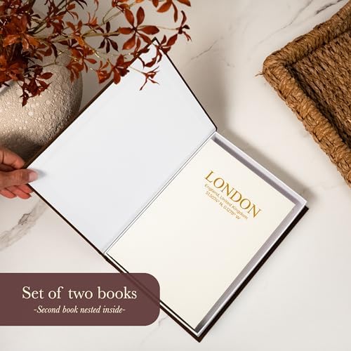 Decorative Books with Storage (Dark Brown/Beige) – Set of 2 Faux Linen Book Boxes with Gold Stamped Covers – Enhance Your Coffee Table, Bookshelf – Hidden Storage for Photos, Keepsakes, and Jewelry