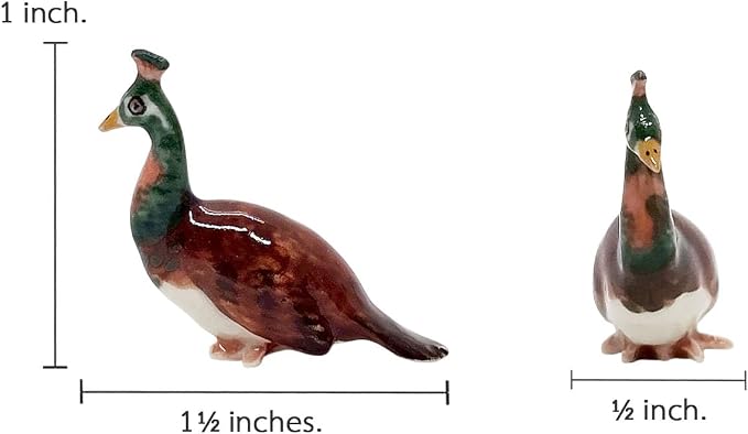 WitnyStore Tiny 1½" Multicolor Peahen Peacock Peafowl Bird Figurine - Miniature Hand Made Painted Ceramic Birds Aves Colorful Porcelain Feathered Animals Cute Decorative Collectible Figure Décor Gifts