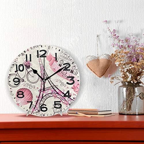 Naanle Romantic Paris Eiffel Tower with Flowers Butterfly Wall Clock, 9.5 Inch Battery Operated Quartz Analog Quiet Desk Clock, Floral