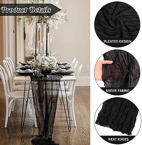 6 Pieces Black 10FT Cheesecloth Table Runner Boho Gauze Fabric Table Runner Rustic Sheer Runner for Wedding Birthday Baby Shower Party Boho Table Decoration（Black）